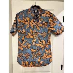 Reyn Spooner Buttondown Short Sleeve Hawaiian Print Blue And Orange Large EUC